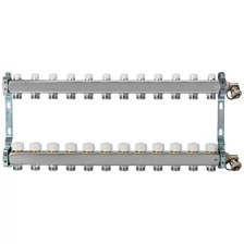 805R, 12 выходов. Коллекторная группа из нержавеющей стали с отсечными клапанами, термостатическими клапанами и дренажными клапанами.
